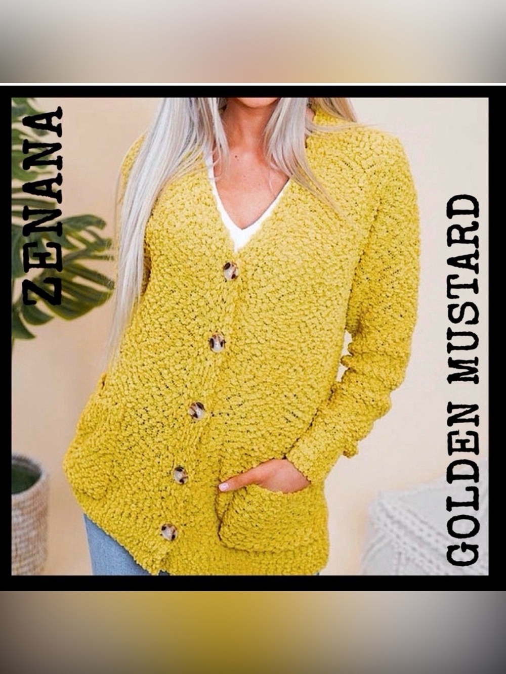 🍒BOGO50%🍒🆕💛ZENANA:“GOLDEN MUSTARD” Popcorn Button Cardigan w/Pockets SMALL